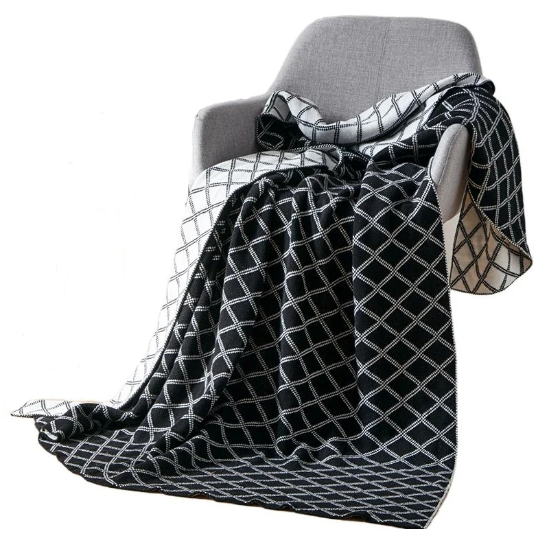 

Nordic Style Pure Cotton Knitting Blanket Double-sided Black White Geometric Diamond Shape Double Layer Thread Luxury Bedding