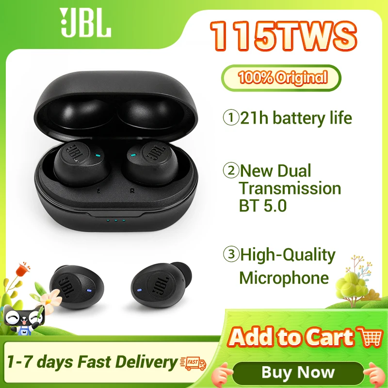 

JBL TUNE 115TWS True Wireless Bluetooth 5.0 Earphones T115TWS Stereo Calls Earbuds Bass Sound Headset with Mic Charging Case