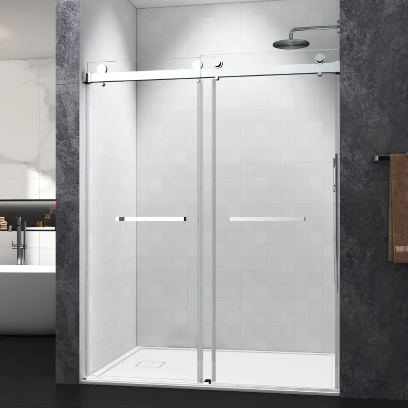 

60*76" Double Sliding Frameless Shower Door Brushed Nickel Without Buffer Brushed Nickel Glass [US Stock]