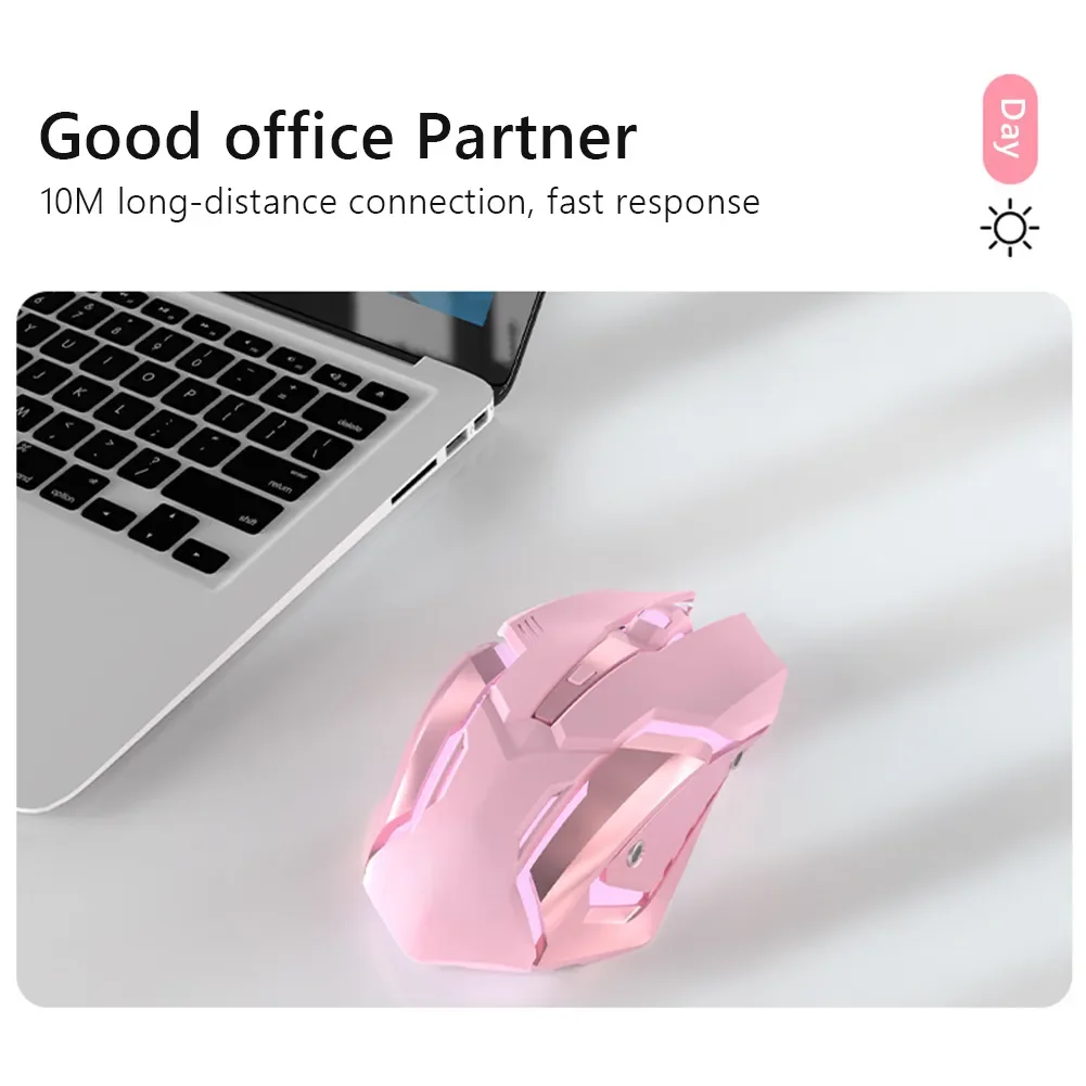 

HMTX 2.4GHz USB Women Gaming Mouse 1600DPI LED Backlit Rechargeable Silent Mice For PC Laptop Pink / White