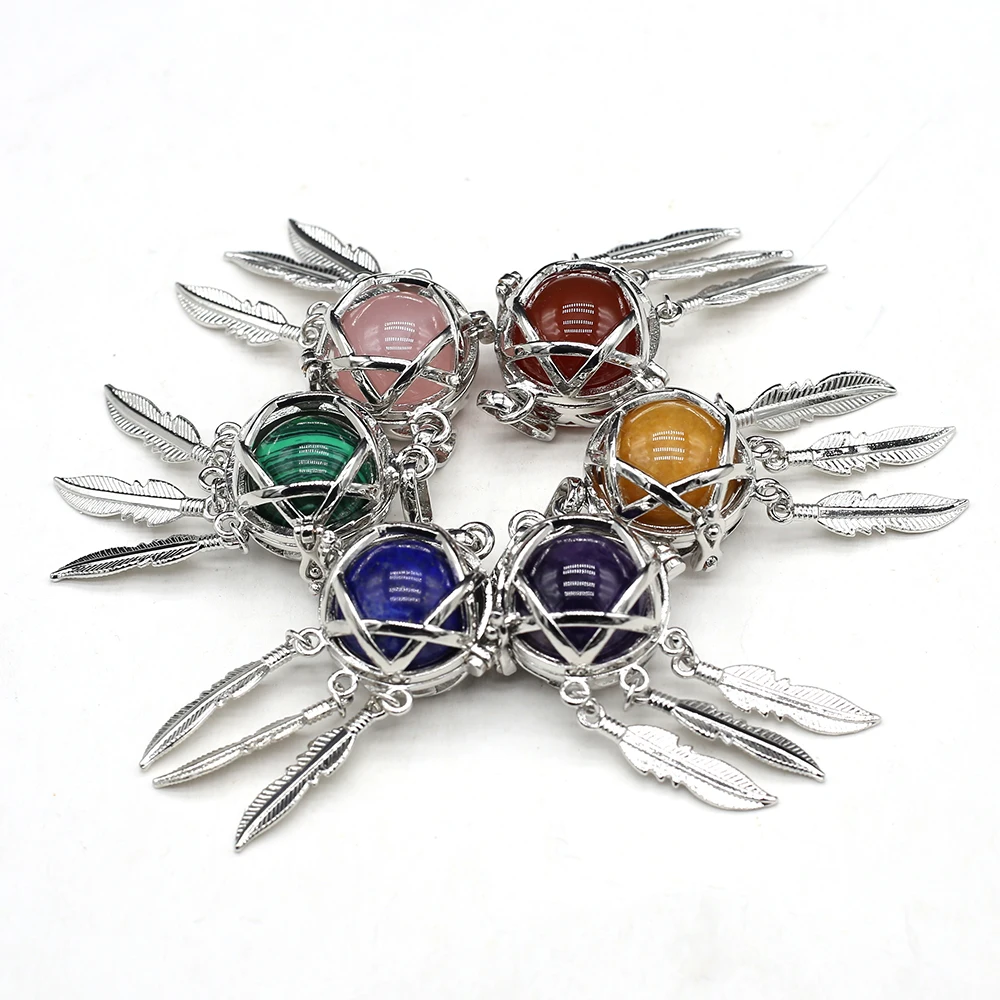 

Natural Stone Round Pentagram with Feather Decoration Jewelry Pendant Amethysts Charms for Jewelry Making DIY Necklace Accessory