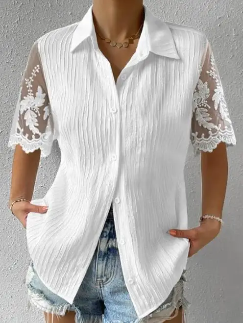 

Women's Fashion Solid Color Shirt Slim Fit Style Cardigan Standing Neck Lace Short Sleeve Spliced Plain Shirt Female Commuting