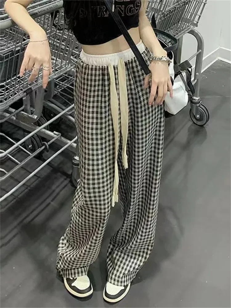 

QWEEK Korean Fashion Plaid Pants Women Oversize Harajuku Basic Checkered Trousers Female Retro Sring Wide Leg Joggers Sweatpants