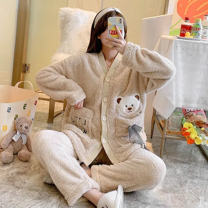 Small Fragrant Wind Pajamas Female Winter Sweet Lovely Thickened Facecloth Ladies Pajama Sets Night Gown Sleep Tops Robe Sets