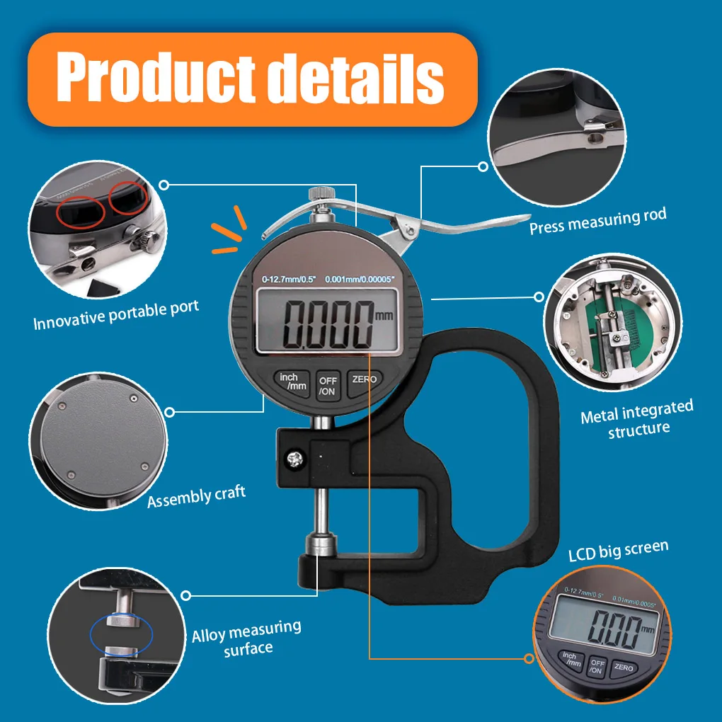 

Thickness Gauge 0-12 7mm Measuring Tool Digital Display Thickness Meter Caliper for Paper Film Percent Gauge