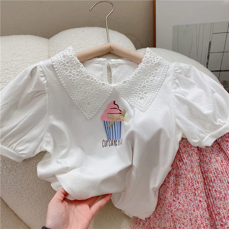 Cute Hollow Lace Lapel Top Floral Skirt Summer Girls Clothing Sets Korean Style Fashion Baby Kids Outfit Children Clothes Suit enlarge