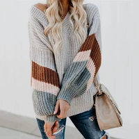 2022 new sweater womens autumn and winter chicken heart v neck lantern sleeves striped color blocking knit sweater