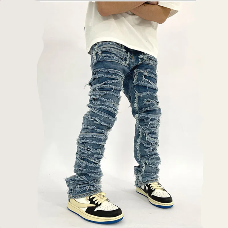 

Мужские Винтажные брюки Vibe в стиле хип-хоп, рваные джинсы в стиле пэчворк 2022, рваные прямые брюки с дырками, стильные мужские джинсовые мешковатые брюки в стиле ретро