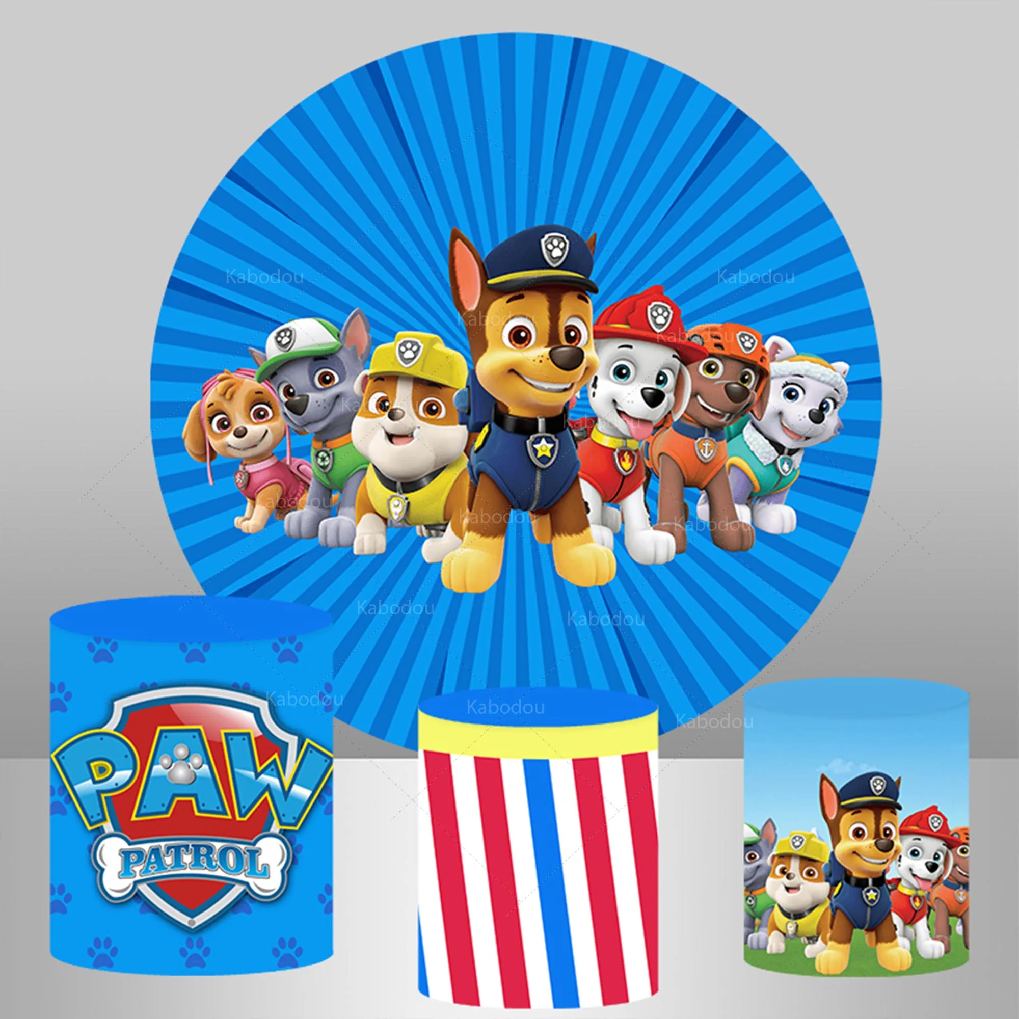 

Paw Patrol Backdrop Chase Dogs Round Cover Boy Birthday Party Event Background Baby Shower Blue Light Cylinder Supplies Banner