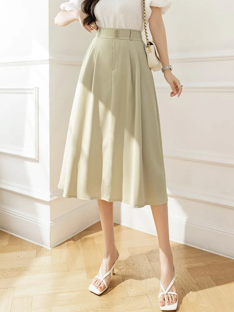

Office Lady Elegant A-line Skirt New Arrival 2023 Spring Korean Style Solid Color All-match High Waist Women Long Skirts W1271