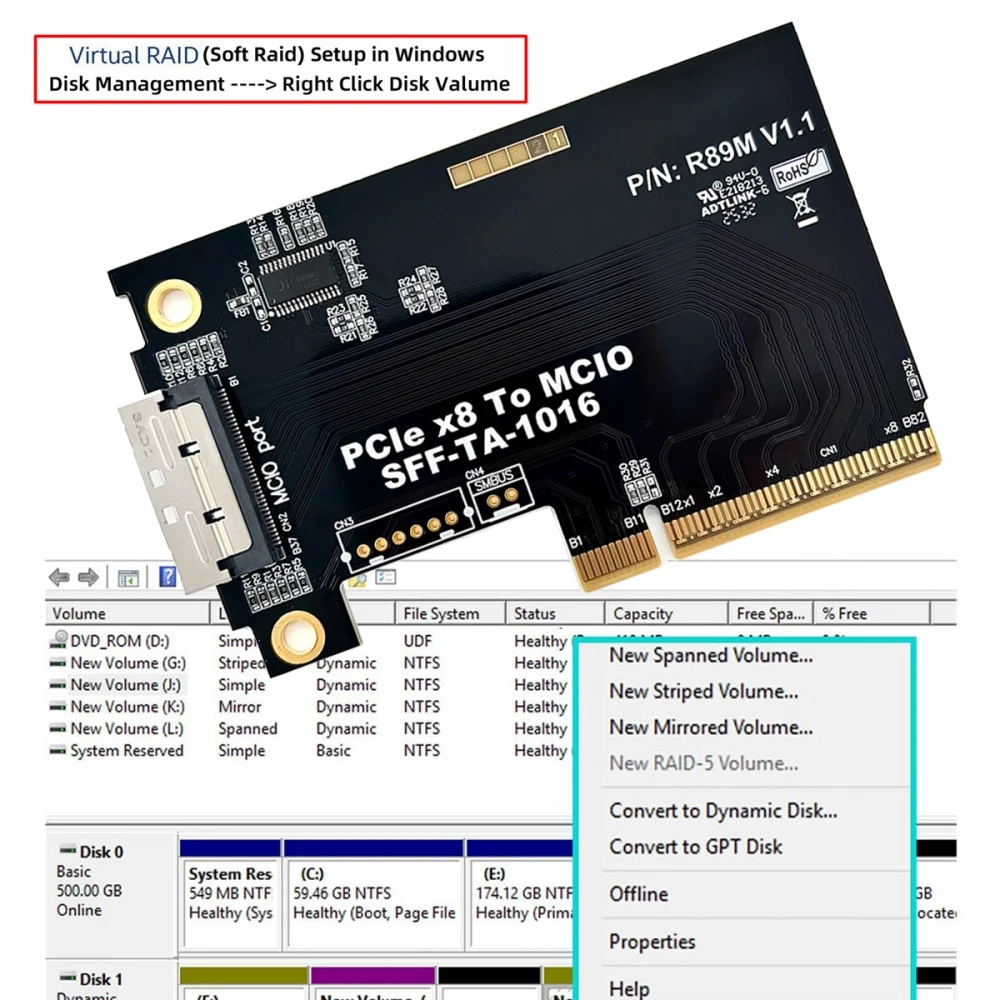 Фото PCIE5.0 PCI-Express 8x к MCIO 8i Mini SFF-TA-1016 Адаптер ввода-вывода Cool Edge для материнской платы SSD Видеокарта №5
