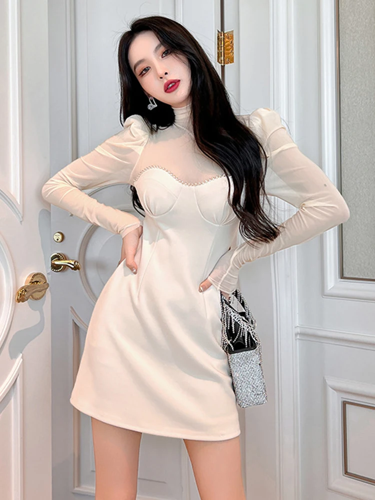 

Сетчатое элегантное женское вечернее платье с воротником-стойкой и пышными рукавами