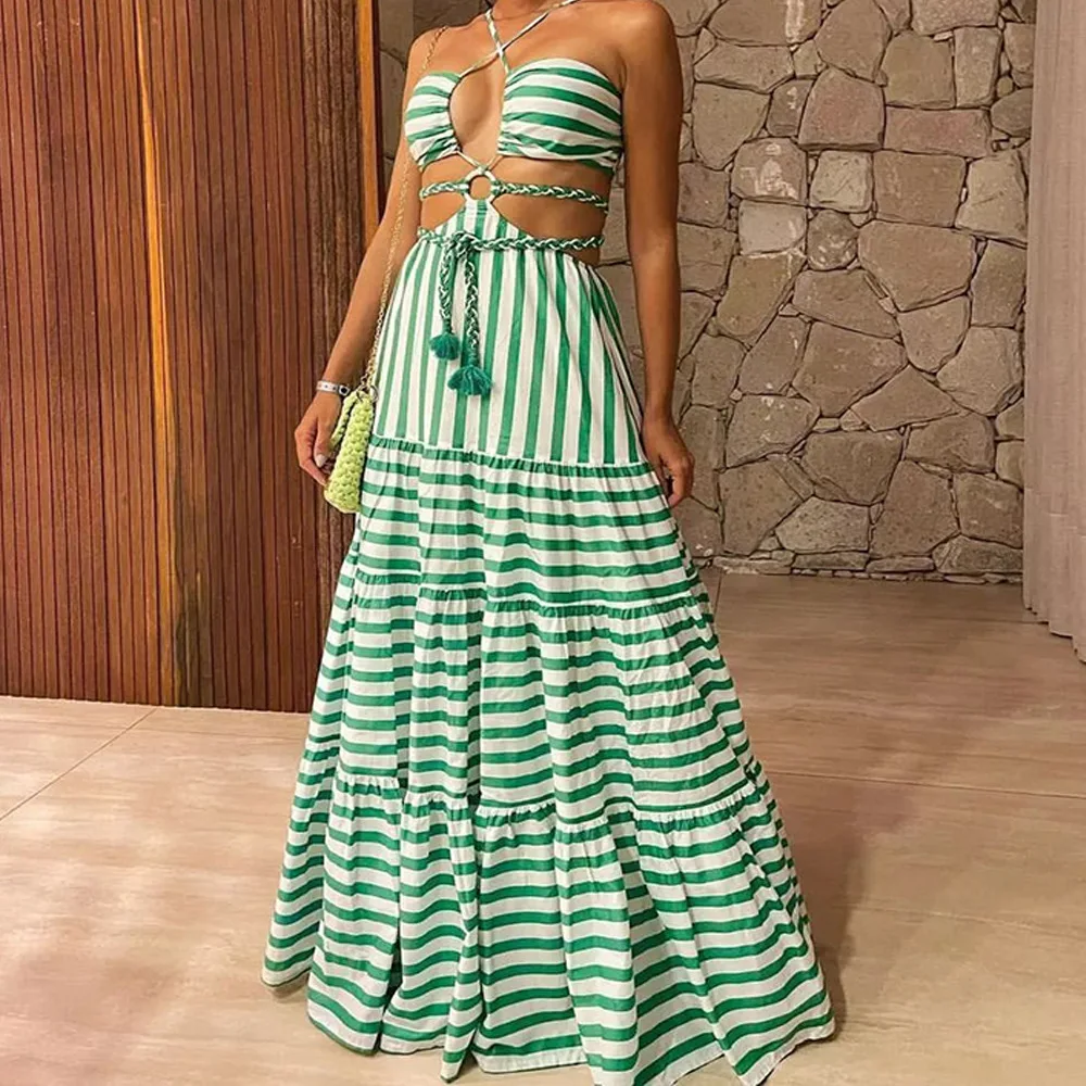 

Striped Print Halter Backless Holiday Beach Dresses Sexy Sleeveless Lace Up High Split Maxi Dress Women Vestidos