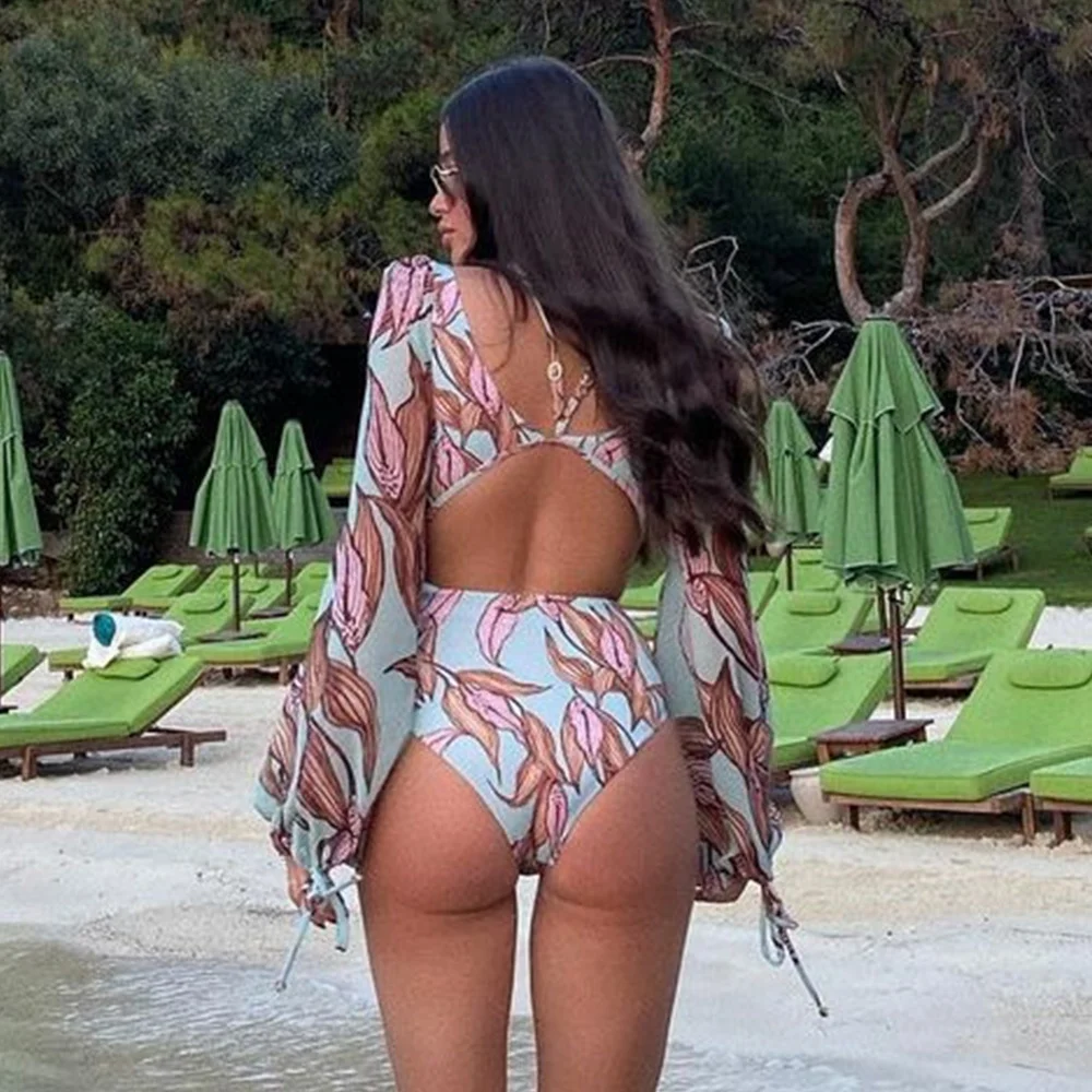 One Piece Swimsuit 2022 Long Sleeve Swimwear Women Bandage Print Monokini Sexy Bathing Suit String Backless Brazil Beachwear
