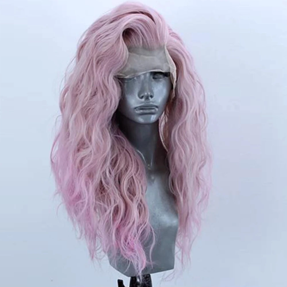 

Pink Synthetic Hair Lace Front Wigs High Temperature Heat Fiber Natural Wave Long Wavy Lace Frontal Cosplay Drag Wig