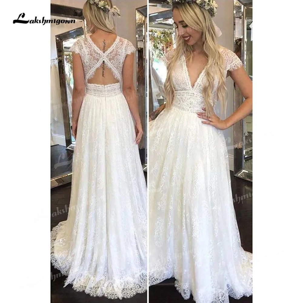 

Vintage Boho Lace A Line V Neck Wedding Dresses for Bridal Cap Sleeve 2023 Bridal Gown vestido de noiva Custom Made lakshmigown