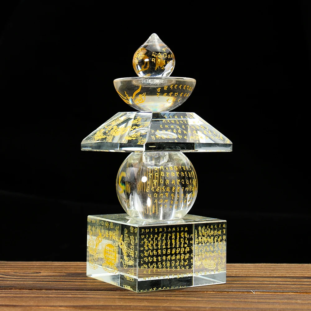 

K9 Crystal Glass Laser Carving Buddhism Scriptures Rune Five-story Stupa Dagoba Sarira Crafts Ornament Figurines Healing Decor