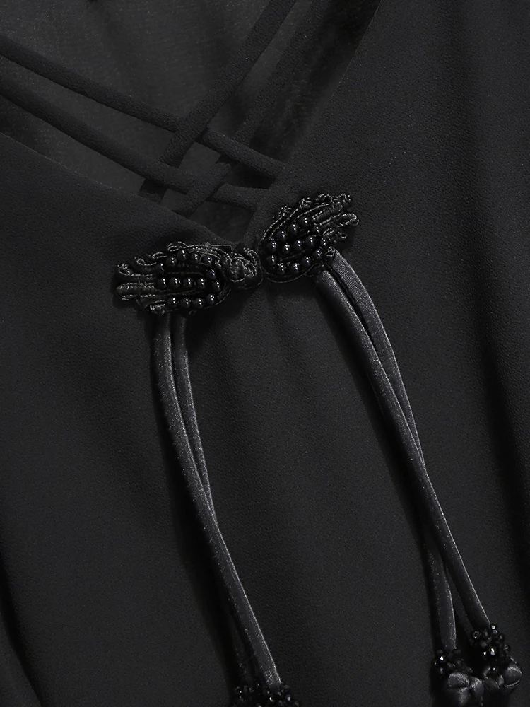 Новое китайское черное шифоновое платье с v-образным вырезом и завязкой на талии