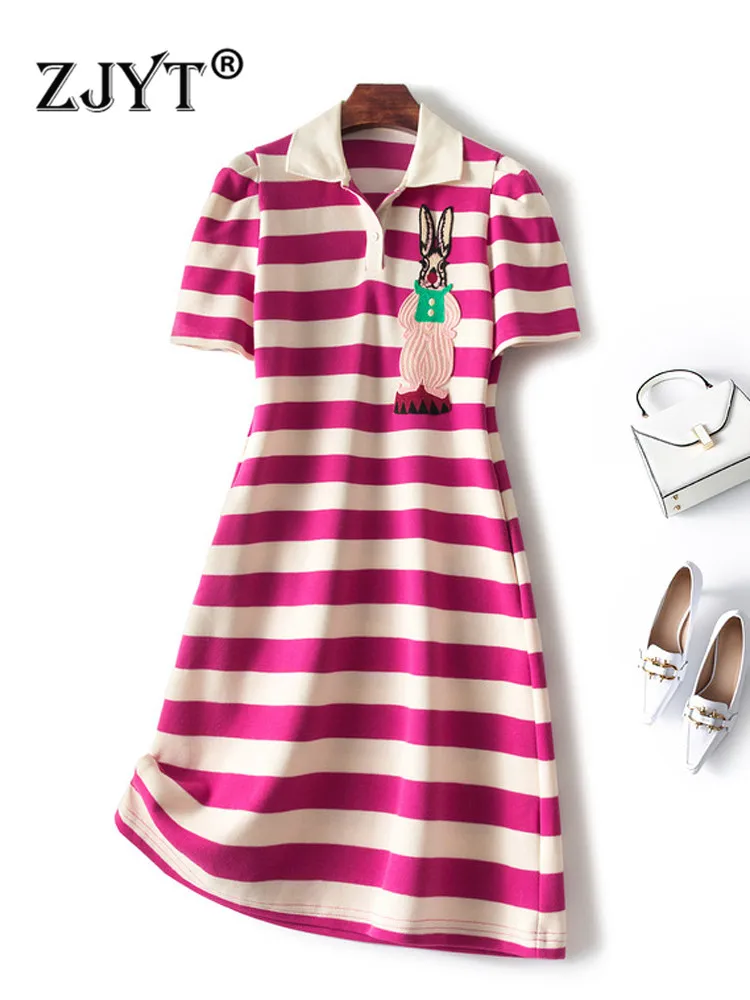 

ZJYT Street Style Casual Striped Loose T Shirt Dress Women Summer Vestidos Fashion Embroidery Short Sleeve Sporty Robe Femme
