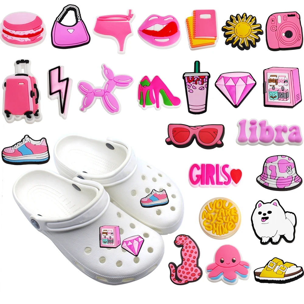 

1pcs PVC Croc Charms Pink Hat Bag Camera Notebook Shoes Accessories DIY Garden Shoe Decoration For Croc Jibz Kids X-mas Gift