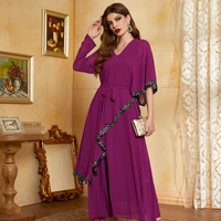 rose purple double layer chiffon sequins irregular party long dress with belt elegant evening dresses abayas for women turkish