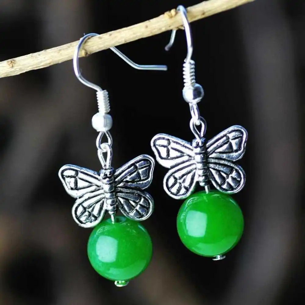 

Natural chrysoprase Earrings Tibetan silver butterfly eardrop Jewelry Aquaculture New Year Christmas Accessories Freshwater
