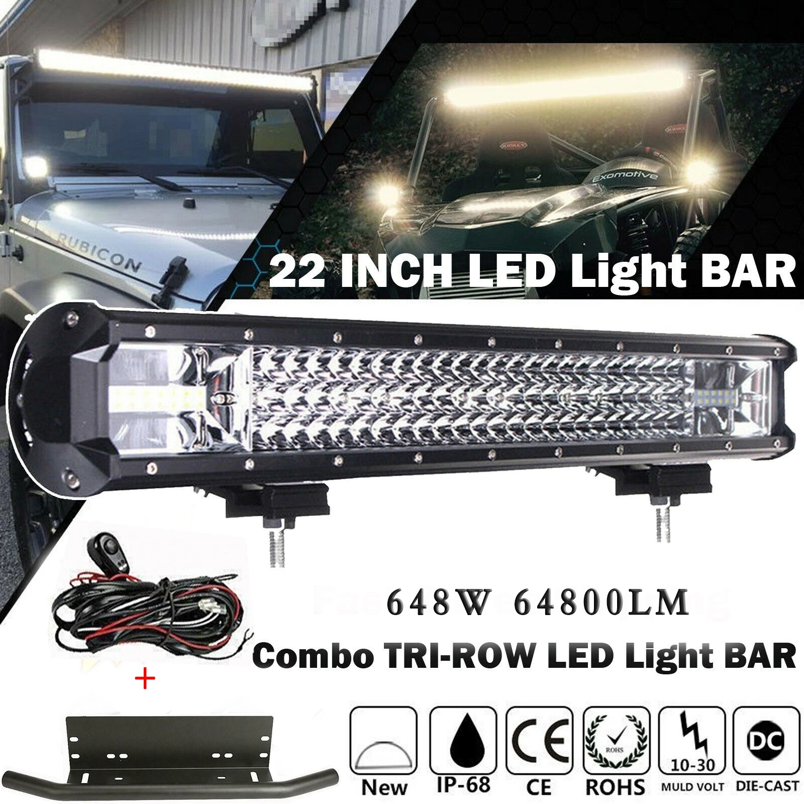 

12”22‘’ 648W LED Work Light Bar with 22inch Plate Mounting Bracket Front Bull Bar Bumper Holder License for off road Truck 4WD