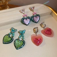 sweet love heart pink crystal dangle earrings women cartoon bear rhinestone earrings weddings party jewelry accessories