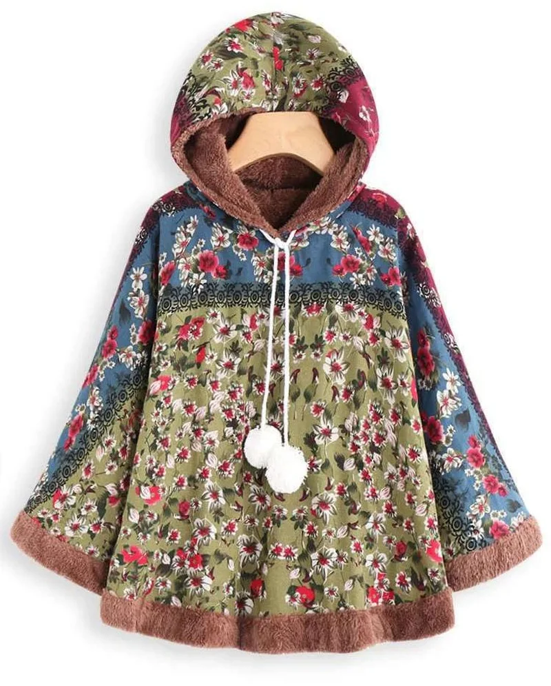 Weibliche Vintage Samt Verdickung Mantel Ponchos Hoodies Blumen Druck Charakter Frauen Winter Fleece Baumwolle Jacke Mäntel