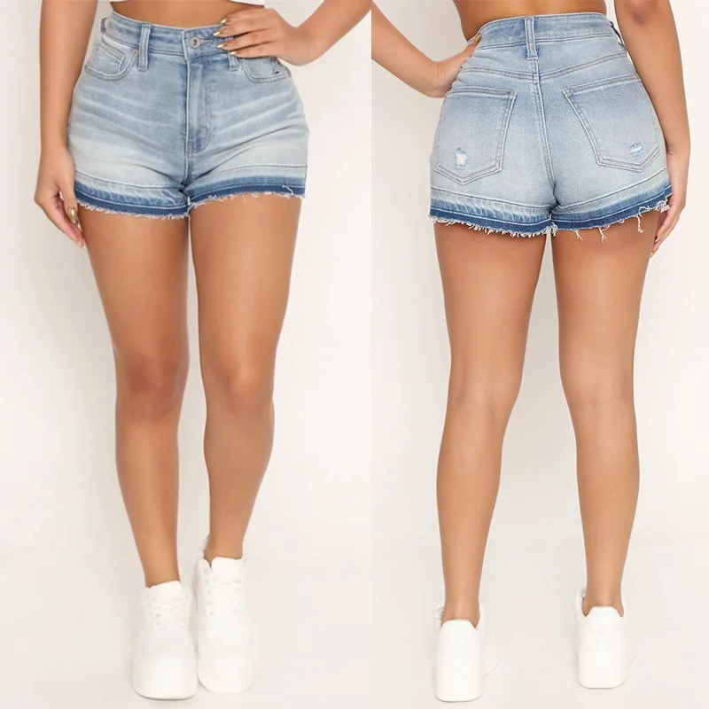 

2023 Women's elastic jeans shorts with holes and tassels