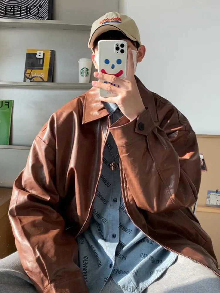 

Мужское пальто из ПУ кожи, с отложным воротником и длинным рукавом