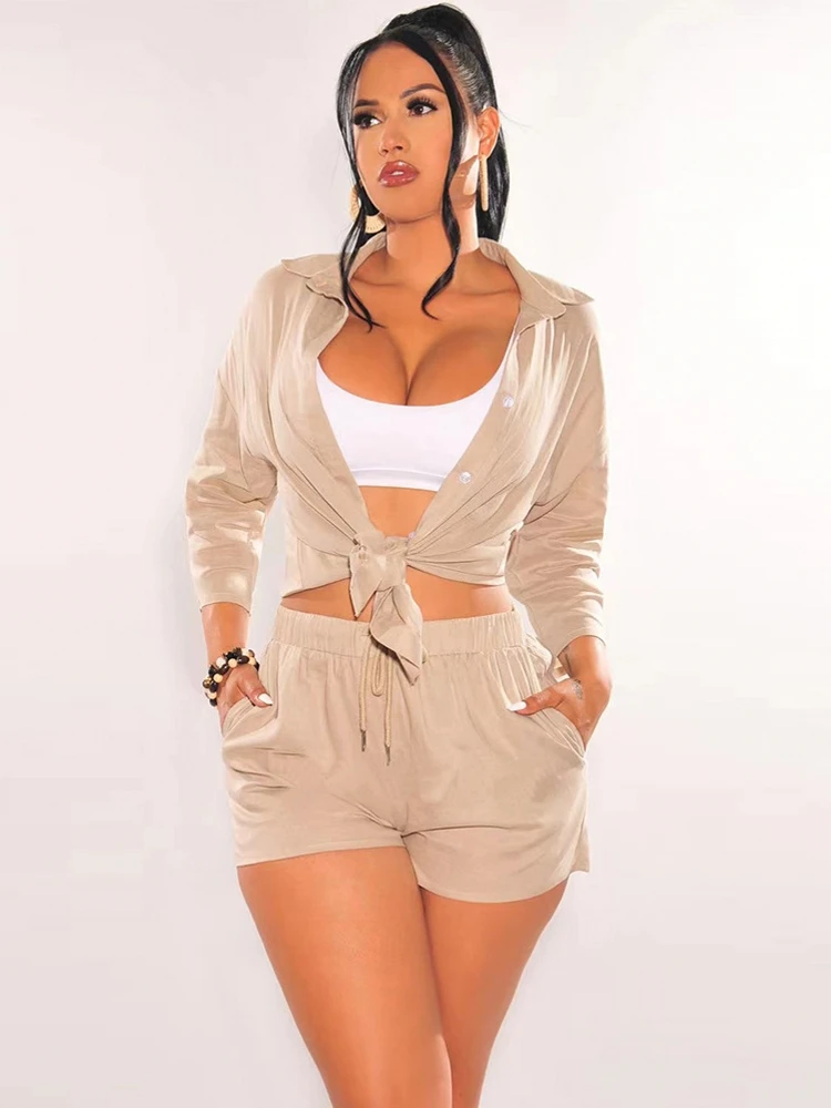 

2 Piece Shorts Sets Fashion New Spliced Y2K 3/4 Sleeve Shirt And High Waist Slim Shorts Suit 2022 Female Summer Matching Set