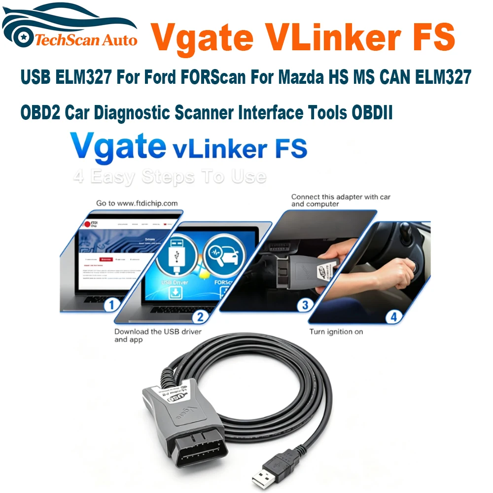 Фото Диагностический сканер Vgate VLinker FS USB ELM327 для Ford FORScan, для Mazda HS MS CAN, интерфейс ELM327 OBD2, инструменты для диагностики автомобилей OBDII №1