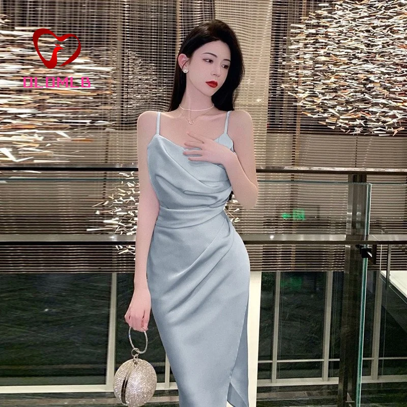 

Summer Sleeveless Women Fold Bodycon Midi Dress 2022 Elegant Slim Split Female Spaghetti Strap Vestidos Fashion Solid Clothes
