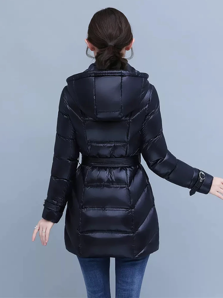 New Women Winter Thicken Warm Down Jacket Simple Fashion Detachable Hooded Belt Slim Short Glossy Surface White Duck Down Coat