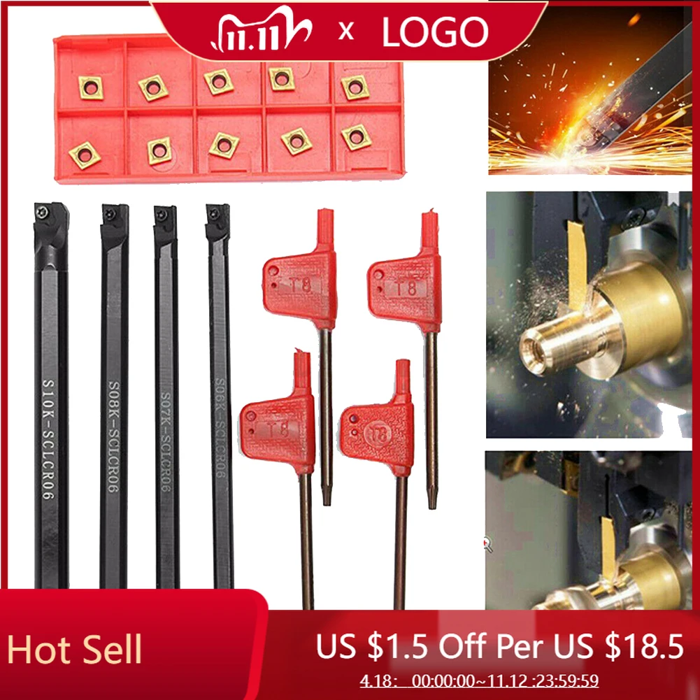 

4pcs 6/7/8/10mm SCLCR06 Lathe Boring Bar Tool Holder & 10pcs CCMT060204-HM Insert Machine Tool Turning Tool Holder Set