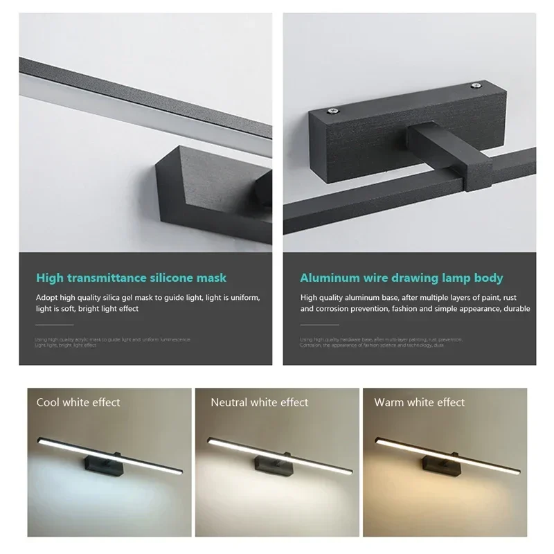 Фото Modern LED Wall Light Bathroom Hardwares Wall Lamp Three Colors Lights Aluminum Led Bathroom Bath Mirror Line Lamp Make Up light №5