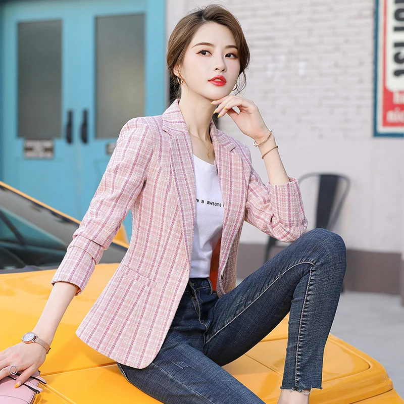 Big Size 5XL Autumn Spring Women's Blazers Plaid Double Breasted Pockets Formal Jackets Checkered Outerwear Tops Streetwear