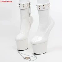 white lock up chain ankle boots womens new arrival 2022 solid heelless round toe patent leather sexy nightclub cosplay shoes