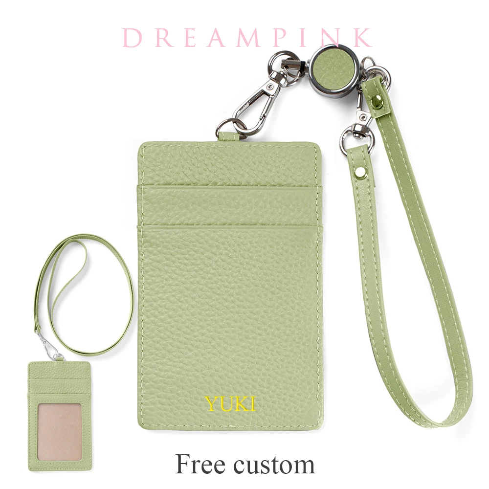 Custom Name Neck Work Card Holder Luxury Genuine Leather School Bus Pass Credit Card Sleeve Engrave Letters Lanyard Badge Purse