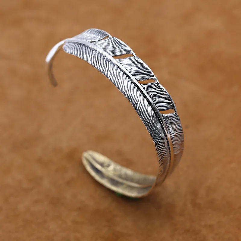 

Real Silver Charm Feather Bracelet for Woman Mother 925 Sterling Sliver Retro Vintage Feather Bangle Jewelry Lover's Gift