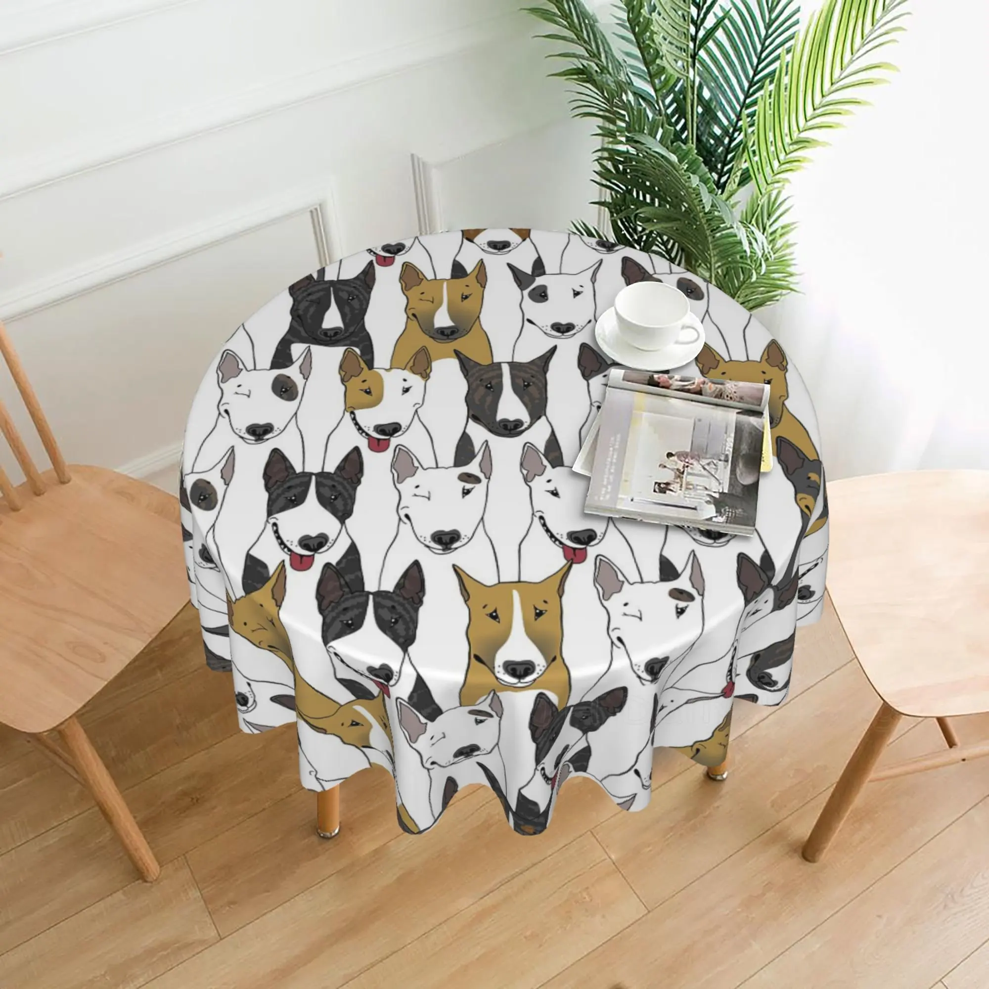 

English Bull Terrier Funny Round Tablecloth 60 Inch Washable Polyester Table Cloth Water Resistant Spill Proof Table Cover Mat