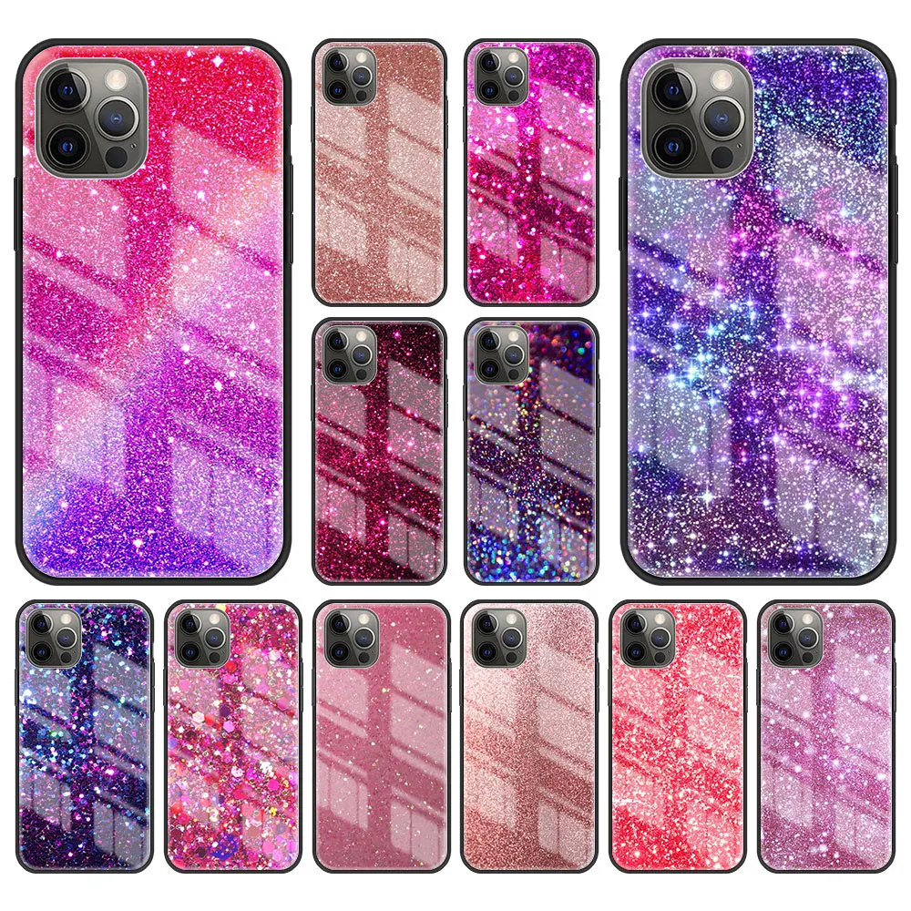 

with light Bling Tempered Glass Case For iPhone 11 12 13 Pro XS Max 13Mini X XR Hard Case For iPhone 7 8 Plus SE2 Fundas Shell