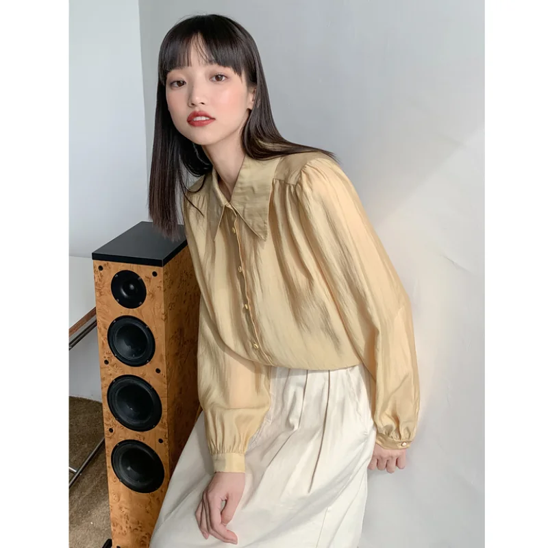 

Women's Clothing Shirt Spring Yellow Shirt Korean Fashion Vintage Leisure 2023 NEW Female Long Sleeve Chic Casual Blouse Tops