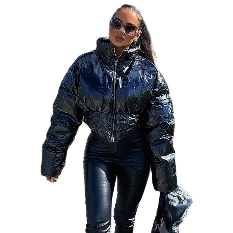 2022 Autumn and Winter Women's Standing Collar Solid Color Shiny Waterproof Thickened Short Cotton Jacket