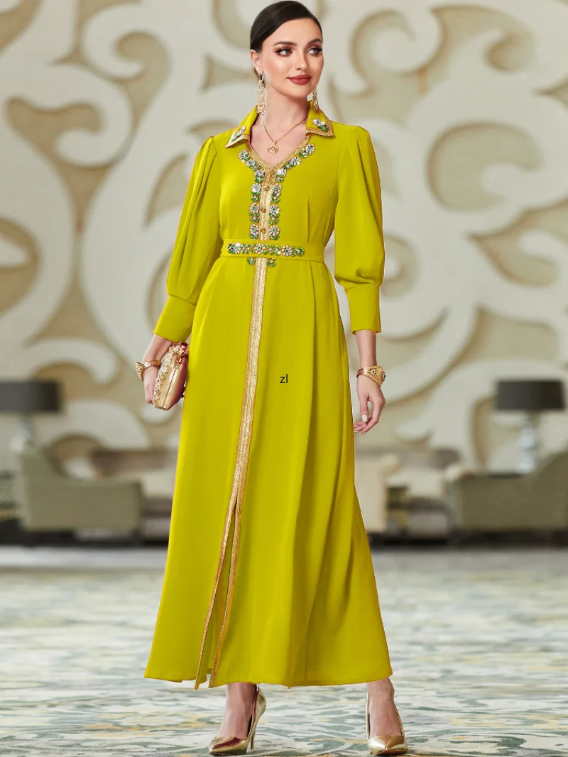 Ramadan Eid Party Dress Women 2023 Abaya Lapel Moroccan Dresses Kaftan Dubai Luxurious Beads Long Sleeve Islam Turkey Abayas