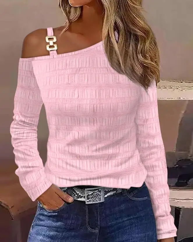 

Autumn Casual Long Sleeve Chain Decor Cold Shoulder Bubble Textured Top Female Tee Fashion Versatile Women Bloues Pullover 2023