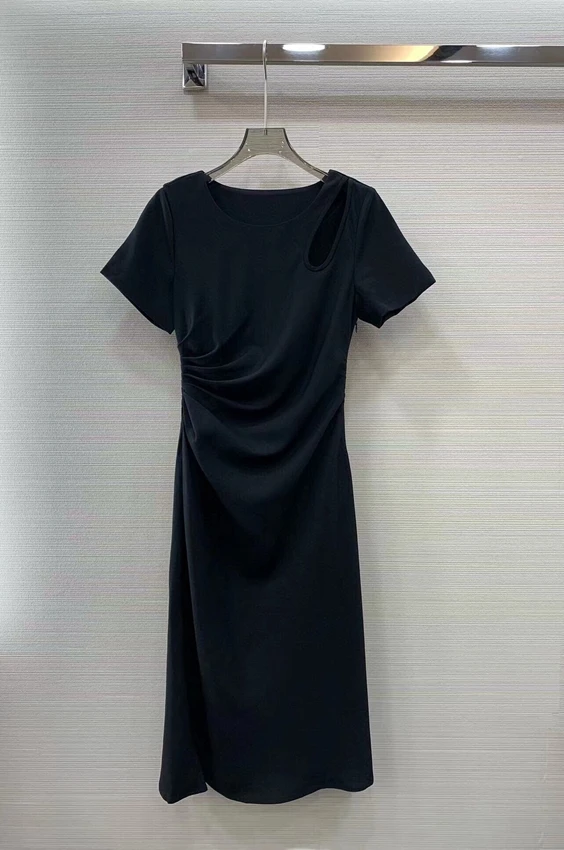 2023 new women fashion short sleeve round neck solid color shoulder hollow pleated long dress dress 0423
