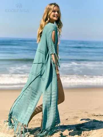 Зеленая вязаная крючком Туника, накидки для бикини, сексуальная женская одежда с вырезами, пляжная одежда, купальный костюм, накидка Q451