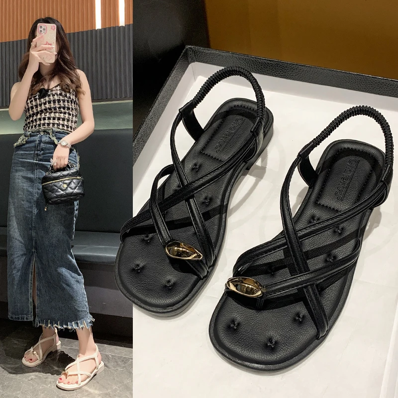 

2023 Summer Gladiator Woman Sandals Fashion Design Clip Toe Thick Heel Casaul Outdoor Narrow Band Sandalias Shoes Mid Heels Chun